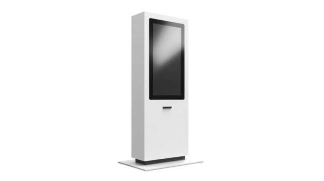 Isolated kiosk with black display presents interactive information on a white stand.
