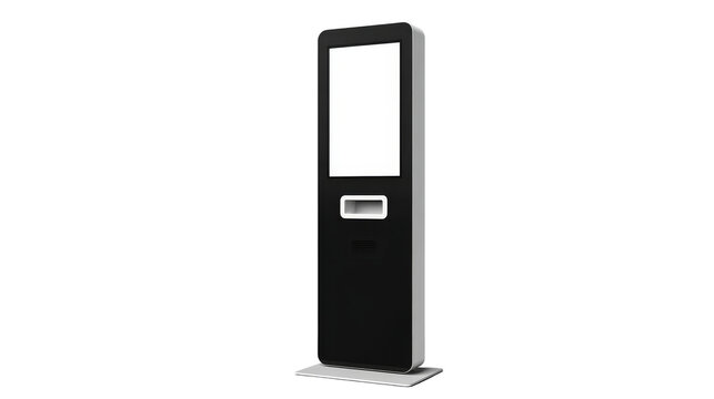Interactive kiosk features a display screen and card reader isolated on transparent background.
