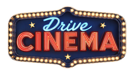 Illuminated sign displays drive cinema wording with star accents against a transparent backdrop.

