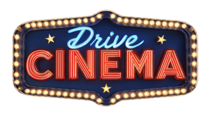 Illuminated sign displays drive cinema wording with star accents against a transparent backdrop.
