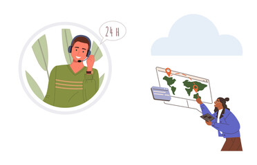 Man in headset offering 247 support and woman interacting with global map data. Ideal for customer service, global communication, teamwork, remote work, technology, geography, simple flat metaphor