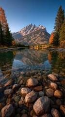 Clear lake water reveals smooth stones distant mountains reflect in the calm surface