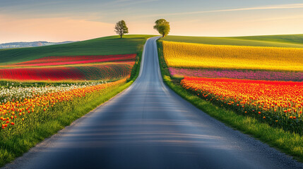 Naklejka premium Road between flower fields for wallpaper, day light
