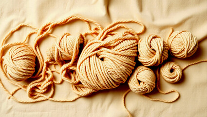 Minimalist Yarn Texture Background – Neutral Colored Natural Fibers Loosely Arranged on Soft Surface with Warm Lighting for Cozy Craft and DIY Themes