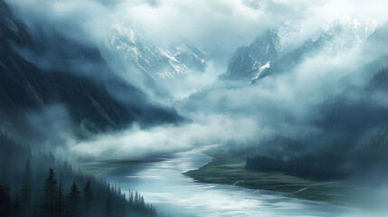 Fototapeta premium River through foggy valley for wallpaper