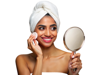 Skin Care Routine. Young Indian Female Holding Magnifying Mirror on a transparent background
