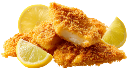 Fried fish pieces are arranged with lemon slices on a transparent background.
