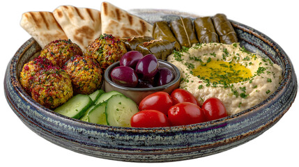 Mediterranean Food Platter with Hummus, Falafel, and Grape Leaves