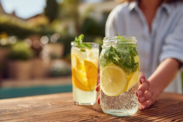 Hand placing glass jars with cold lemonade and orangeade with mint leaves and ice on rustic wooden table on sunny summer day