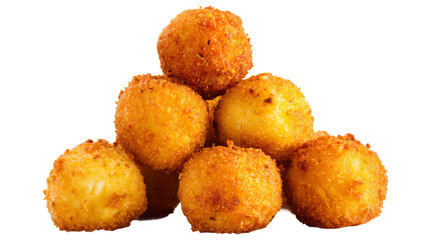 Crispy golden fried potato balls form a pile on a transparent background.