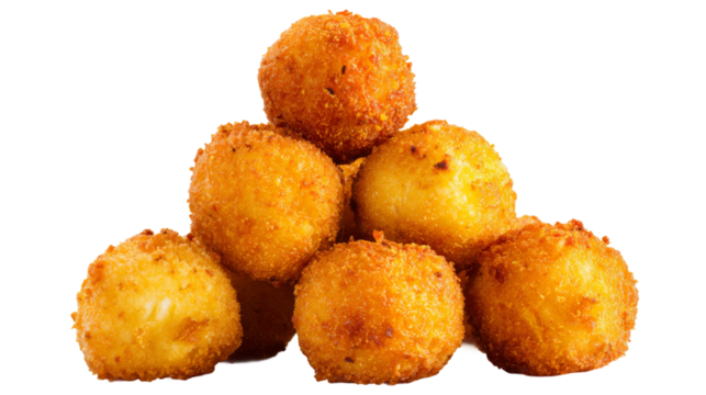 Crispy golden fried potato balls form a pile on a transparent background.