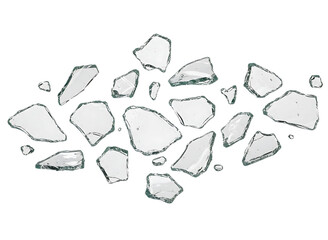 Obraz premium Scattered shards of clear broken glass floating in space isolated on transparent background
