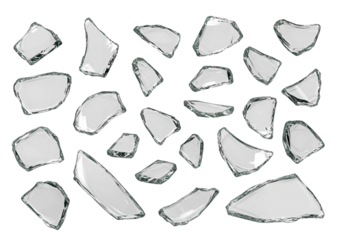Scattered shards of clear broken glass floating in space isolated on transparent background