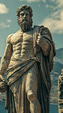 Statue of Zeus in ancient Greece against blue sky with the sea and mountains at the background. Greek Gods and mythology, figure of Heracles 