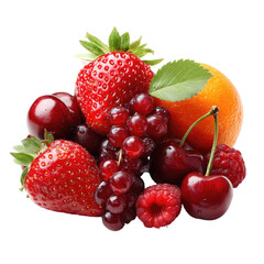 Bright Red Strawberries Raspberries Cherries Grapes and Orange on Transparent Background