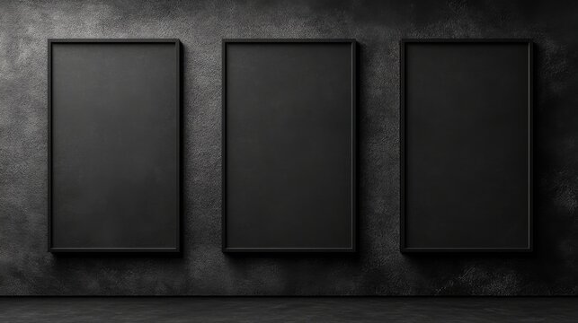 Three vertical black frames hanging on a dark wall, creating a gallery-like atmosphere