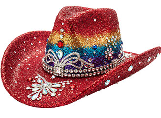Sparkling red cowboy hat with rainbow glitter and rhinestone embellishments isolated on transparent background