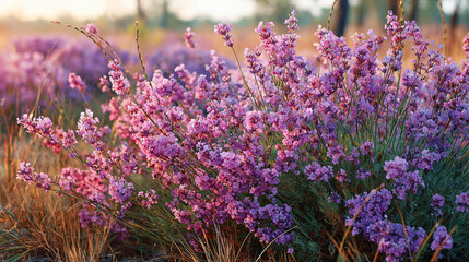 Pink wildflowers in sunlit meadow