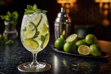Sophisticated and refreshing mojito cocktail served in an elegant wine glass, garnished with lime slices and mint leaves, placed on a dark bar table