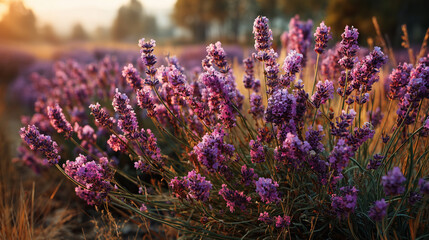 Lavender bushes glowing in sunset light