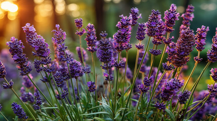 Closeup of blooming lavender flowers at sunset
