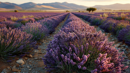 Lavender field at golden hour with mountain backdrop