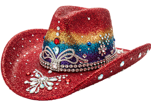 Sparkling red cowboy hat with rainbow glitter and rhinestone embellishments isolated on transparent background