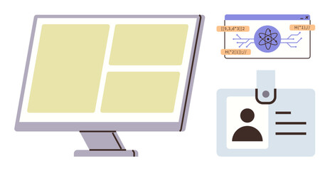 Desktop monitor with grid-layout screen, flowchart containing atom graphic, and identification badge with photo and details. Ideal for technology, business, workflow, education, security, identity