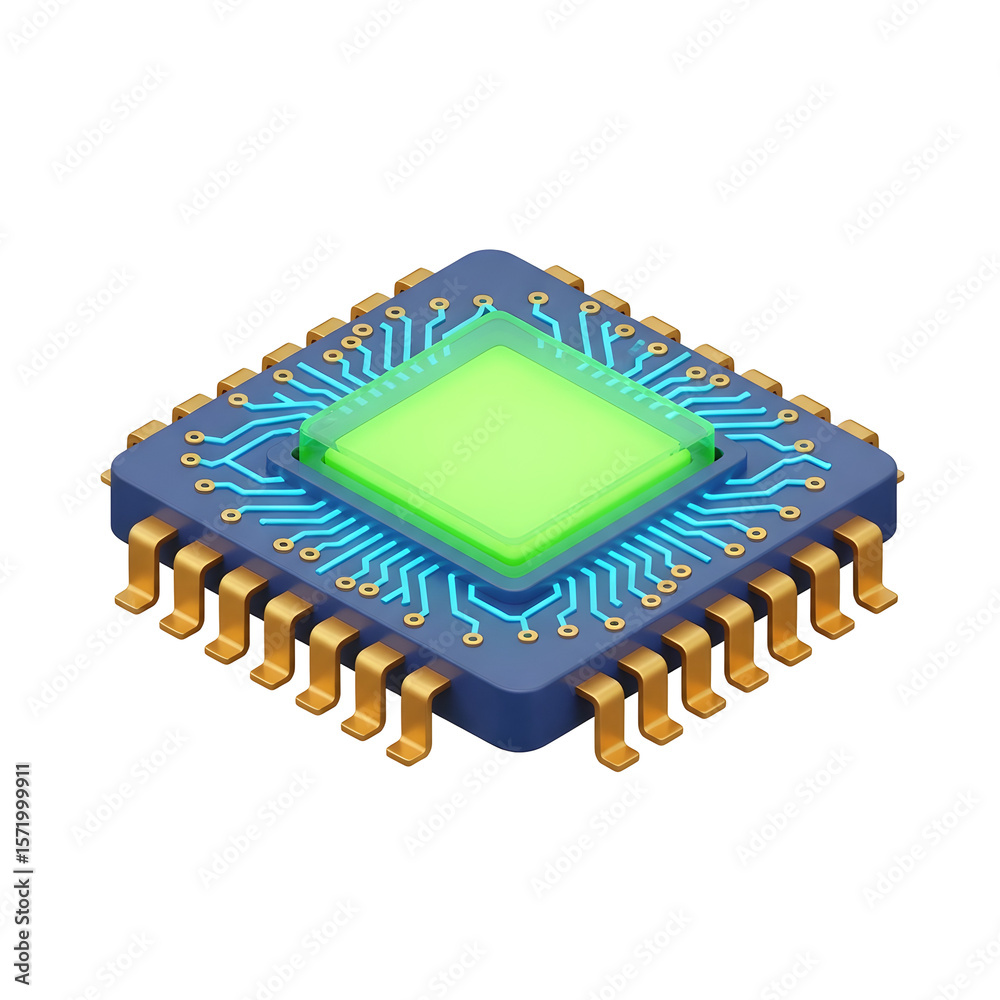 Fototapete isometric representation of a computer microchip isolated on transparent background featuring gold p