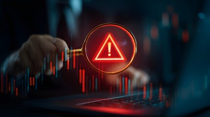 Analyzing a Financial Crisis: Magnifying Risk on Stock Charts. A magnifying glass focuses on a red warning sign over a laptop with falling stock trend.