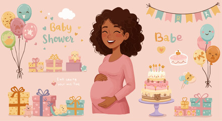 Pregnant woman at baby shower – celebration with decorations and gifts for expecting mother.