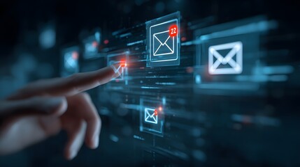 A hand interacts with a digital interface displaying email icons, signaling incoming messages and emphasizing communication and technology.