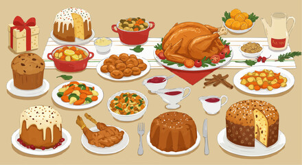 Traditional Thanksgiving meal – roast turkey, stuffing, and side dishes feast.