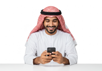 Smiling arab man in traditional clothing using his smartphone isolated on transparent background