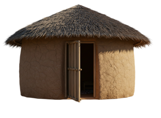 Traditional african mud hut with thatched roof isolated on transparent background