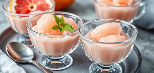 Pale pink grapefruit sorbet in elegant dessert bowls, close-up,  frozen,   minimal