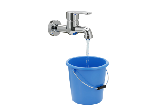 Water flowing from a metal faucet into a blue plastic bucket isolated on transparent background