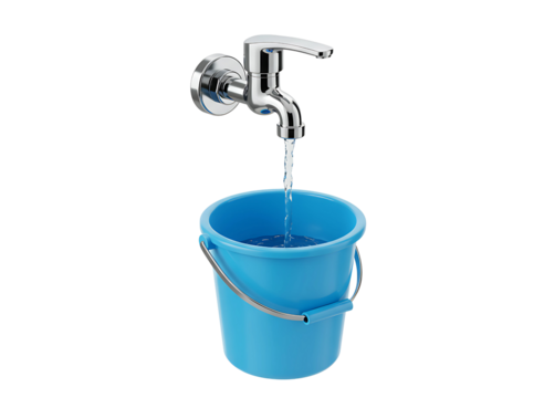 Water flowing from a metal faucet into a blue plastic bucket isolated on transparent background