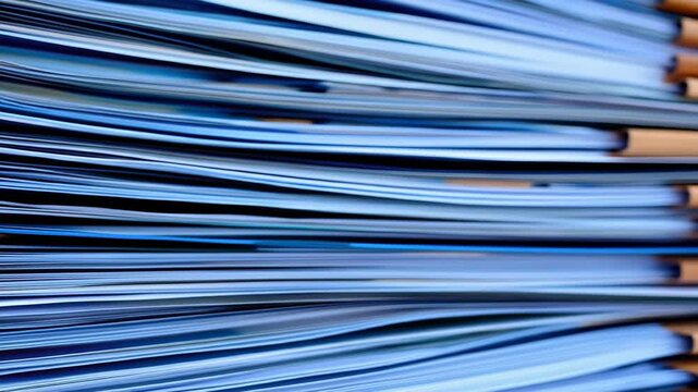 Tilted stack of blue papers, close-up