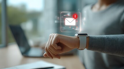Smartwatch displays unread email notification over woman's hand, signifying digital connectivity and immediate communication.