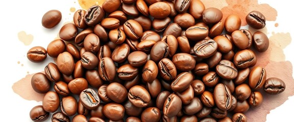 Fototapeta premium Vibrant watercolor painting of coffee beans, showcasing rich browns and subtle shading, macro, food