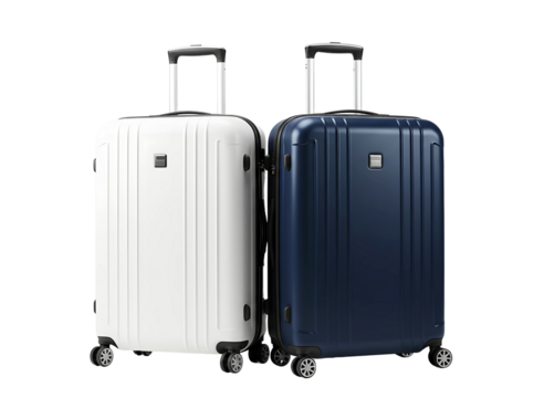 Two modern hard shell suitcases one white and one navy blue isolated on transparent background