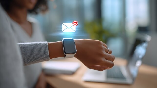 Smartwatch shows new email notification with checkmark on a wrist, symbolizing digital communication and wearable tech for convenient connectivity.