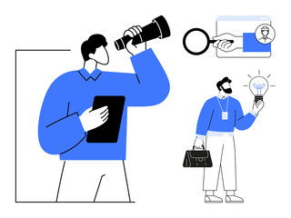 Office professional with telescope, hand with magnifying glass, man holding lightbulb symbolizing ideas. Ideal for innovation, research, business growth, creativity, leadership, project planning