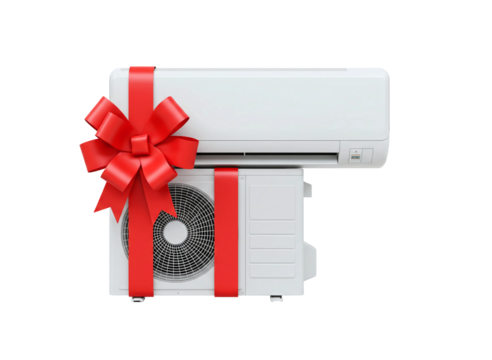 Air conditioner unit with red ribbon and bow isolated on transparent background