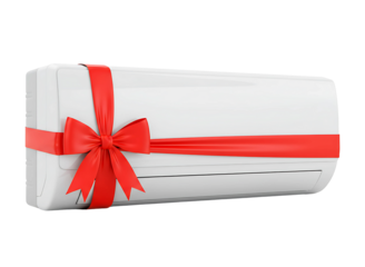 Modern white air conditioner unit wrapped with a red ribbon and bow isolated on transparent background
