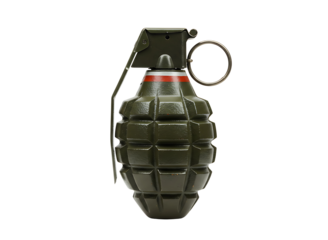 Green fragmentation hand grenade with safety lever and pin isolated on transparent background