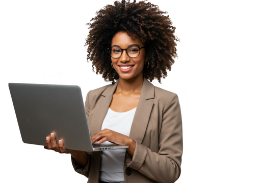 Smiling woman with afro hair and glasses holding a laptop isolated on transparent background