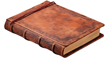 An antique leather book with aged paper and a bookmark rests against a transparent background.