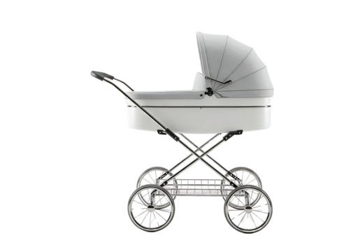 Vintage white baby carriage with ornate details isolated on transparent background - Powered by Adobe